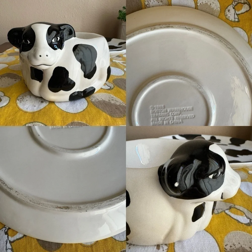 Vintage 1993 black and white cow appetizer and dip tray and cup